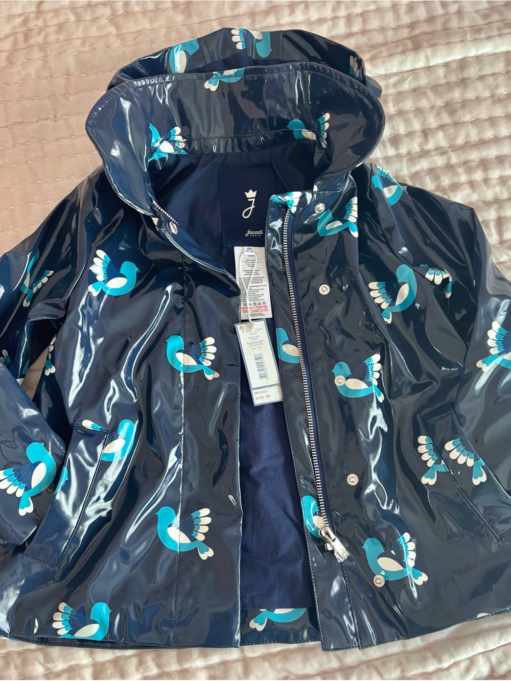 Jacadi Navy Gloss Raincoat with Turquoise Bird Print